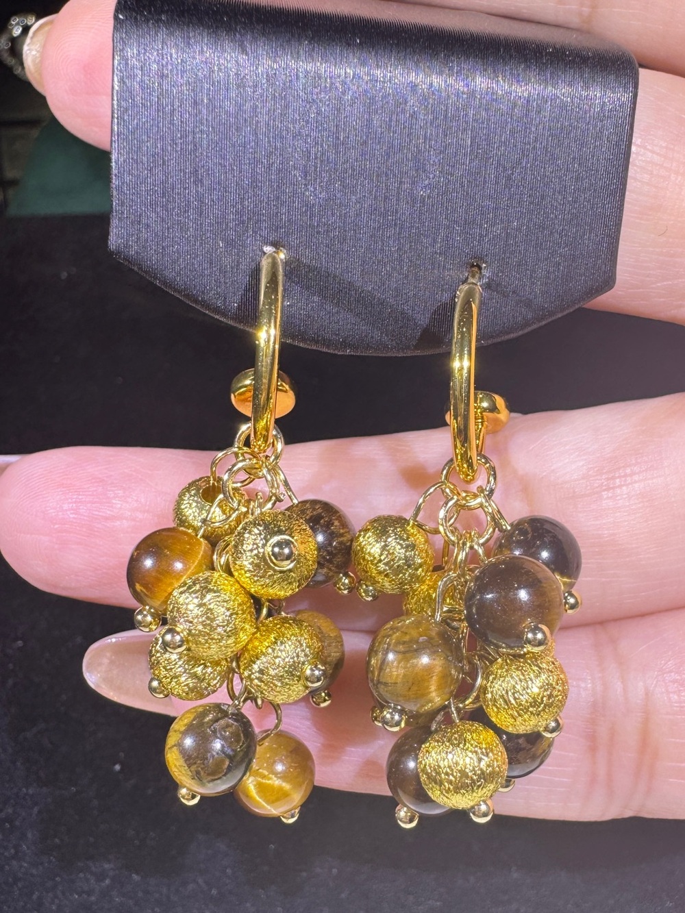 S925 Posts Tiger’s Eye Beaded Cluster Gold Drop Earrings